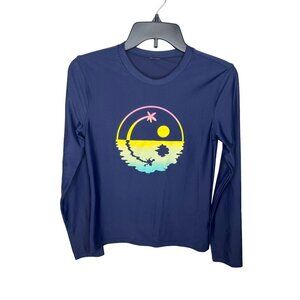 Old Navy Swim Top Girls Navy Blue Long Sleeve Shirt With Tropical Graphic Design
